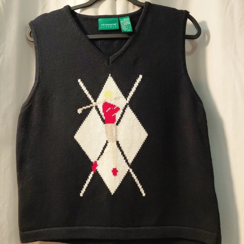 Vintage Liz Sweater Vest Women's M  Golf Scene Knitted Scene V-Neck Retro Preppy